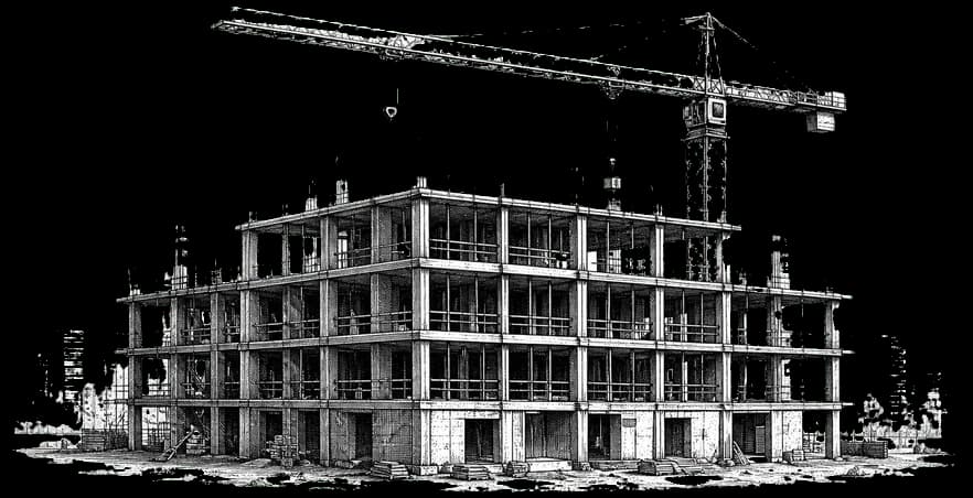 Toronto residential construction site with framing and a tower crane